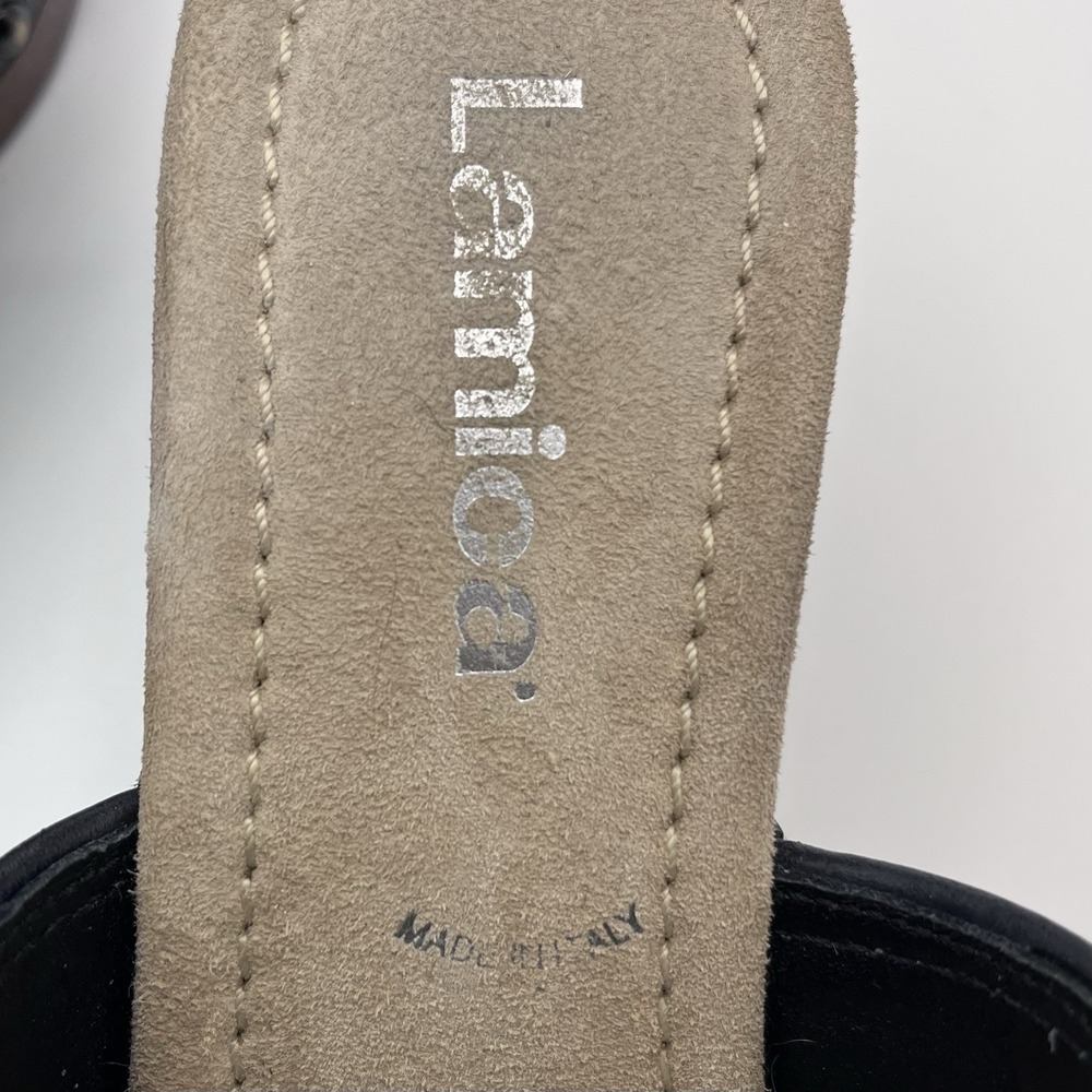 Lamica Navy Clog Leather Fringe Stud Wood Heel Platform Blue Women US 6 36 Italy - Picture 4 of 11